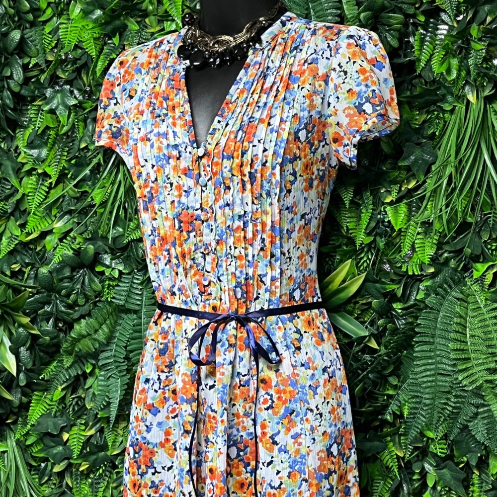 MSK Dress Size 6 Floral Print Blue Orange Pleated Midi with Tie Belt 3016‎ - Picture 6 of 9